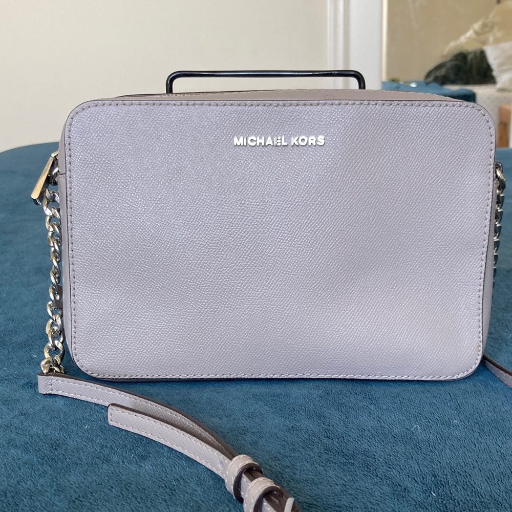 Michael Kors gray jet set crossbody bag silver hardware